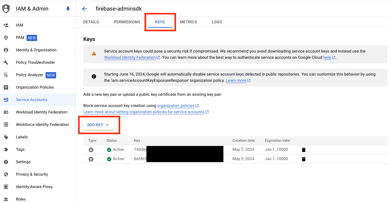 FCM Server - Service Account Keys